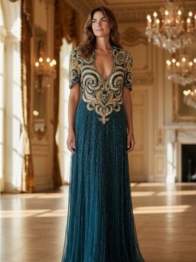 Gold-Embellished Teal Maxi Dress